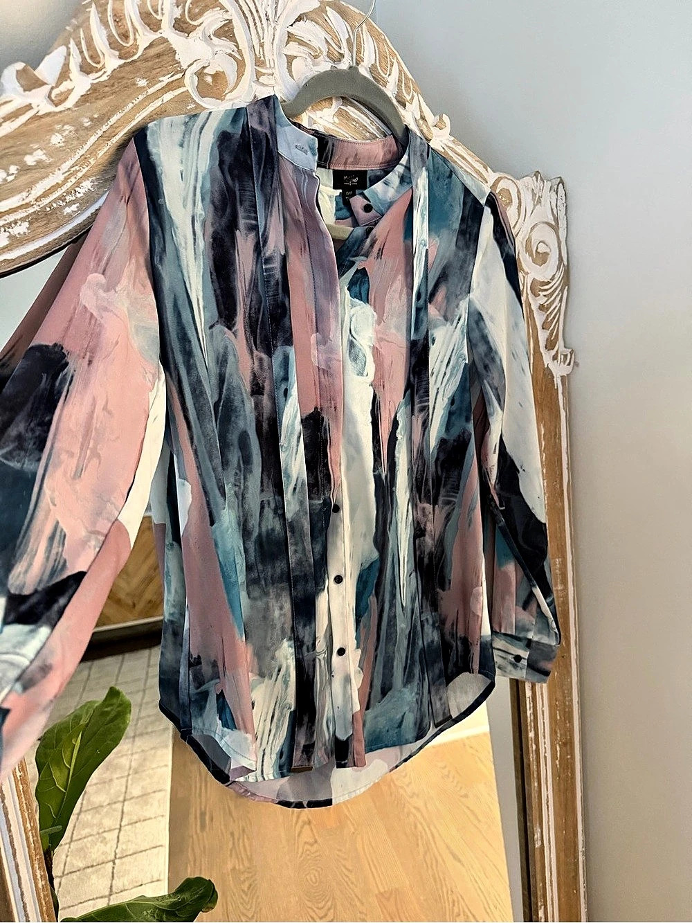 Abstract Print Tie Neck Shirt in Blue & Pink Like New - Picture 5 of 8